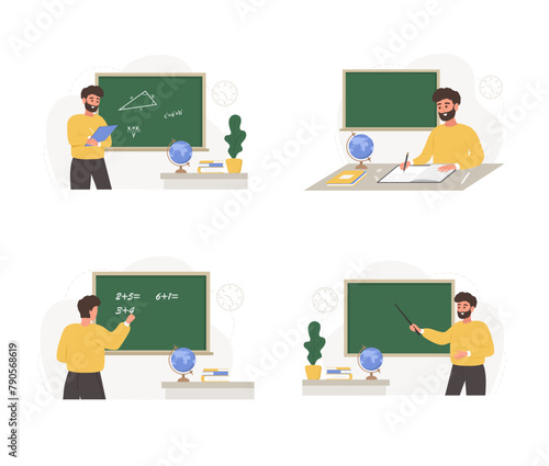 Male teachers in classroom set. Different men characters at lecture at chalkboard. School and college concept. Vector illustration in flat cartoon style.