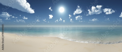 Sandy beach of the seashore at sunset, blue sky with clouds over the sand shore, 3D rendering