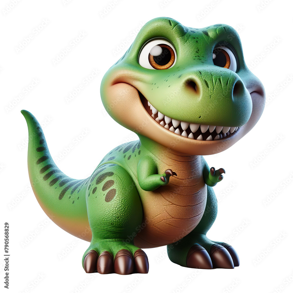 Fototapeta premium Cute character 3D image of friendly t-rex realistic on white background isolated PNG