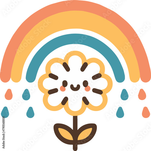A cute flower is smiling under a rainbow.