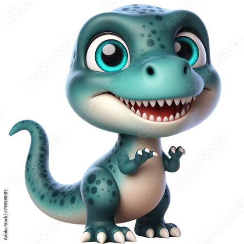 Cute character 3D image of friendly t-rex realistic on white background isolated PNG