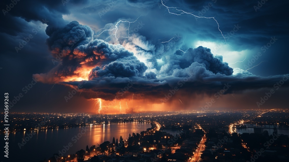 Dangerous thunderstorm over the city at nigh