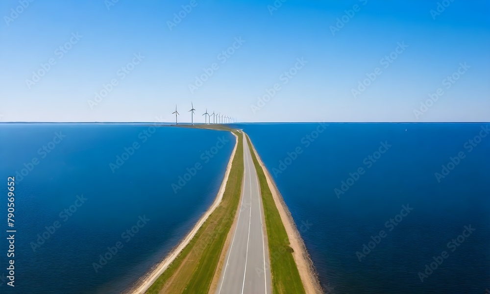 A long path along the shore of a calm (lake, with wind turbines in the distance against a clear blue sky)