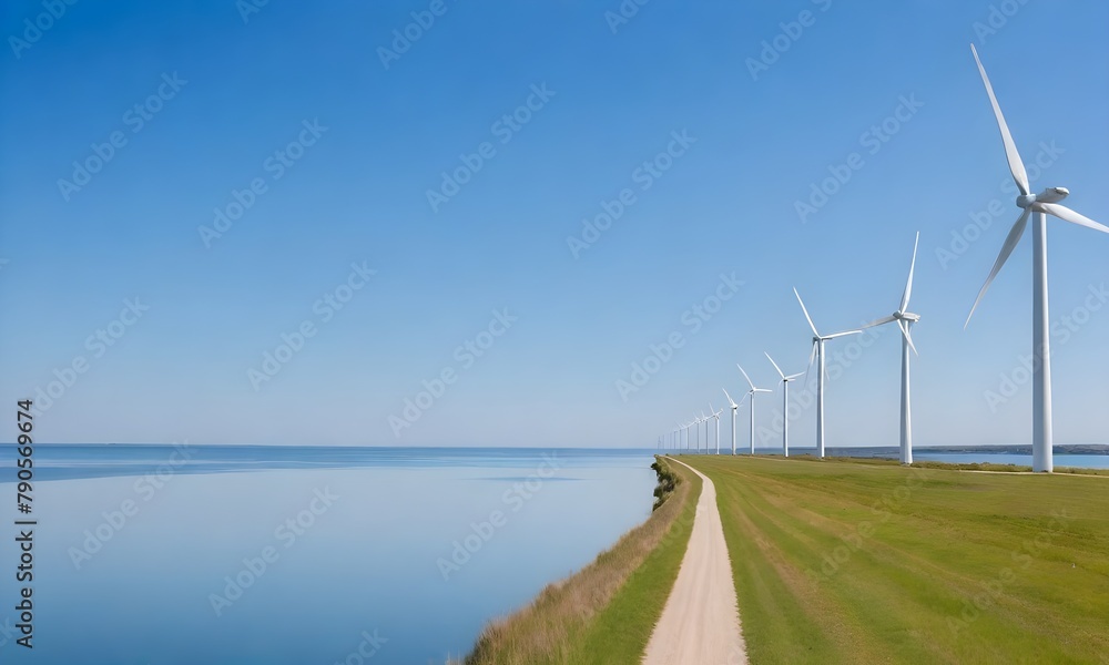A long path along the shore of a calm (lake, with wind turbines in the distance against a clear blue sky) A long path along the shore of a calm (lake, with wind turbines in the distance against a clear blue sky)