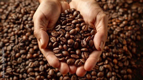 two hands holding a lor of coffee beans  beans are falling down  a huge pile of beans  warm picture  