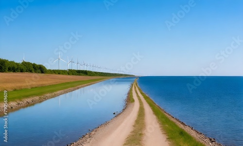 A long path along the shore of a calm  lake  with wind turbines in the distance against a clear blue sky 