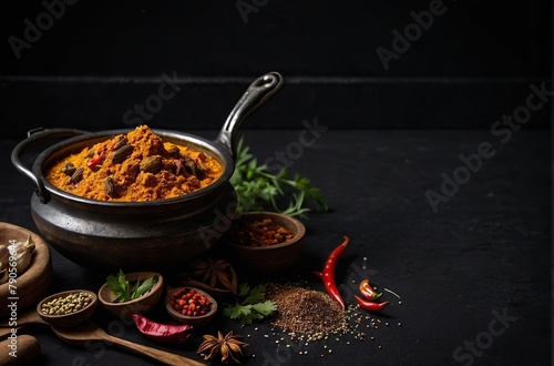 Madras curry on a black background.