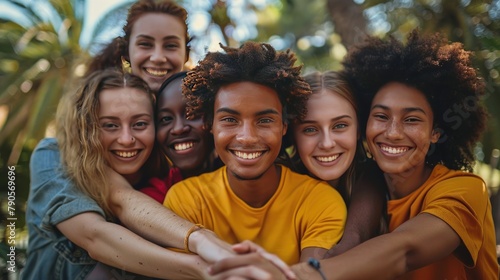 Community life style concept with Multi ethnic group of young people guys and girls hugging together holding hands outdoors - Unity, support and collaboration concept