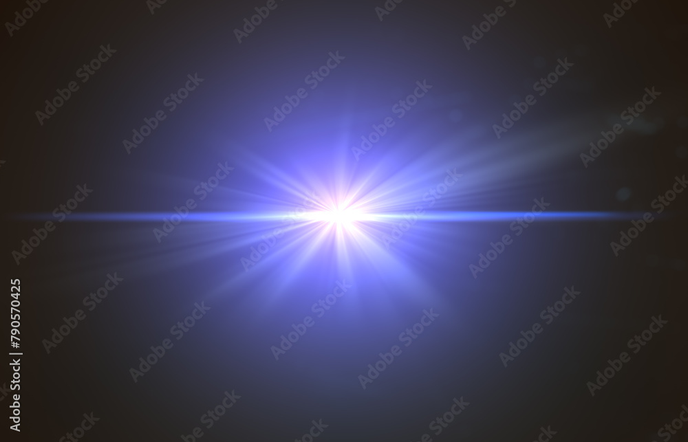 Lens flare glow light effect on black. image of rays blue light effects, overlays or flare isolated on black background for design. abstract lens flare light over black background