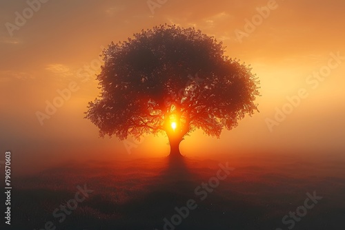 sunset behind a single tree 