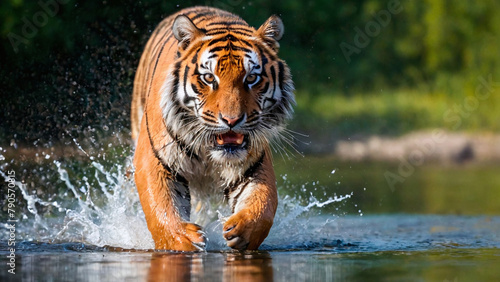Siberian Tiger running in water, Panthera tigris altaica photo