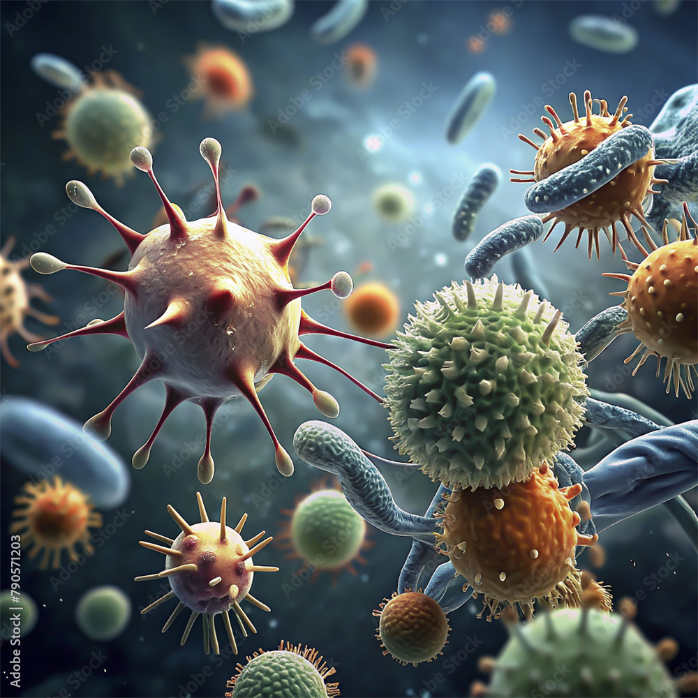 Digital illustration of influenza virus in colour background with orange, blue and red cells Digital illustration of influenza virus in colour background with orange, blue and red cells