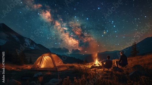 Two campers sit by a fire near a tent with a sunset over mountain range.