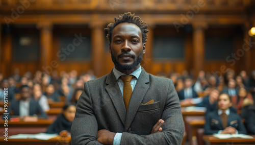Portrait of an African American Lawyer Giving a Presentation in a Courtroom extreme closeup. Generative AI photo