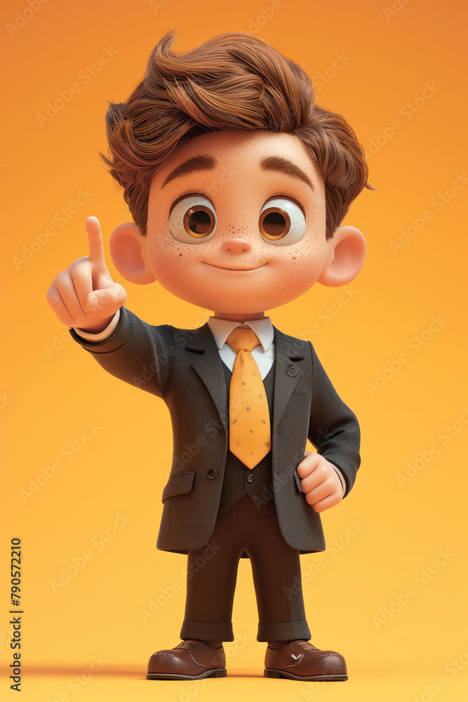 Cartoon Cute Businessman Points a Finger at an Empty Place on a yellow background. Generative AI Cartoon Cute Businessman Points a Finger at an Empty Place on a yellow background. Generative AI