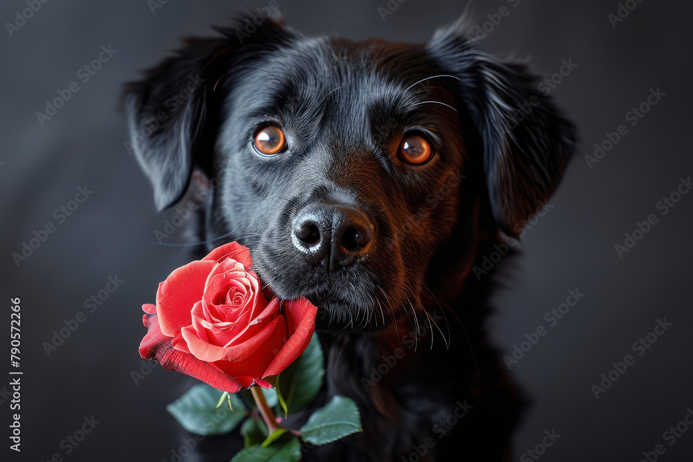 Beautiful Cute Dog with Rose Flower extreme closeup. Generative AI Beautiful Cute Dog with Rose Flower extreme closeup. Generative AI