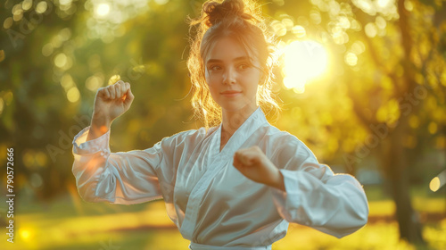 Young woman in traditional attire posing with Qigong martial arts forms at sunset photo