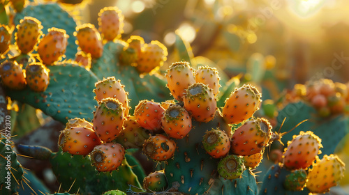 Sun-kissed prickly pears on opuntia cactus in desert. photo