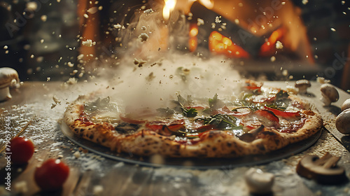 Cinematic view of freshly baked pizza steam rising