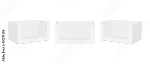 Blank Cardboard Display Boxes Mockups, Front And Side View, Isolated On White Background. Vector Illustration
