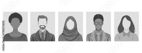 grayscale Avatar, user profile, person icon silhouette, profile picture for unknown or anonymous individuals. illustration portrays man and woman portrait for social media profiles, icons, screensaver photo