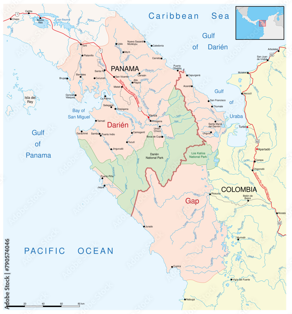 Obraz premium Map of the Darien Gap region between Panama and Colombia