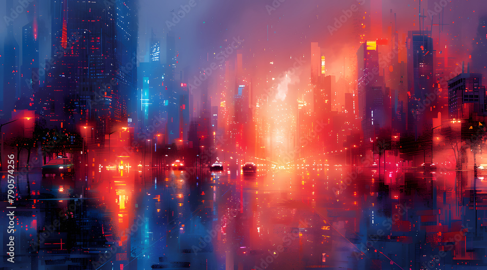 Pixelated Skylines: Watercolor View of Futuristic Cityscape with Pixel Art Overlay
