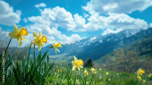 yellow daffodils in green grass at the base of a mountain, bright and sunny, blue sky with clouds, macro, leica   photo