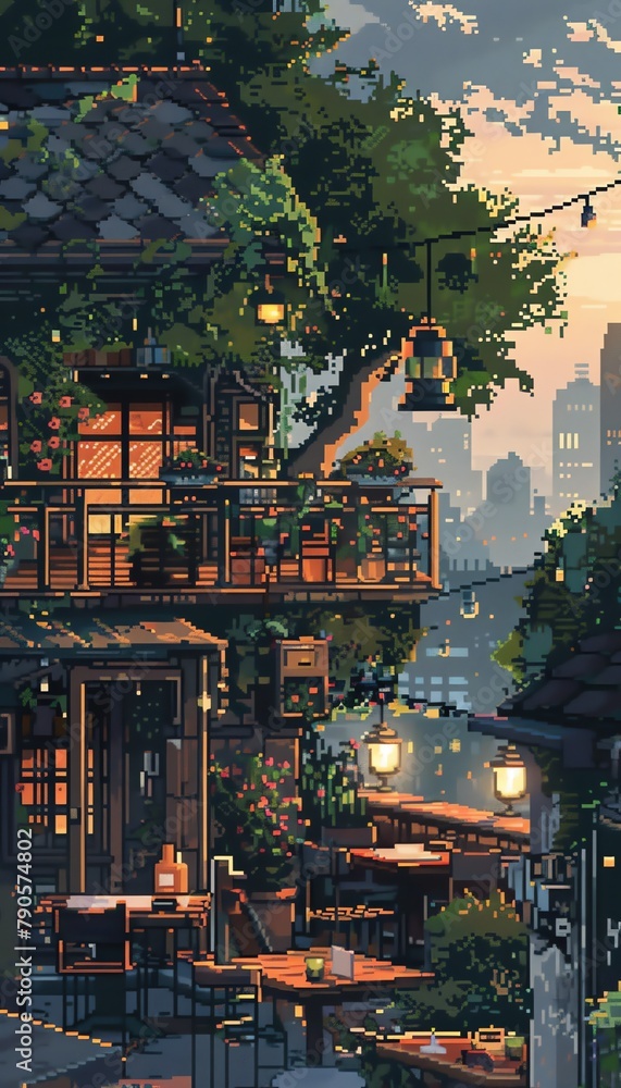 Craft a mesmerizing digital image of a hidden rooftop garden restaurant, embodying the essence of both culinary innovation and urban discovery with a pixel art technique thats uniquely charming and mo Craft a mesmerizing digital image of a hidden rooftop garden restaurant, embodying the essence of both culinary innovation and urban discovery with a pixel art technique thats uniquely charming and mo