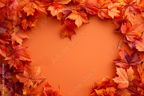maple orange leaves in shape heart frame on orange background  conceprt of bright autumn nature  copy space card  wallpaper