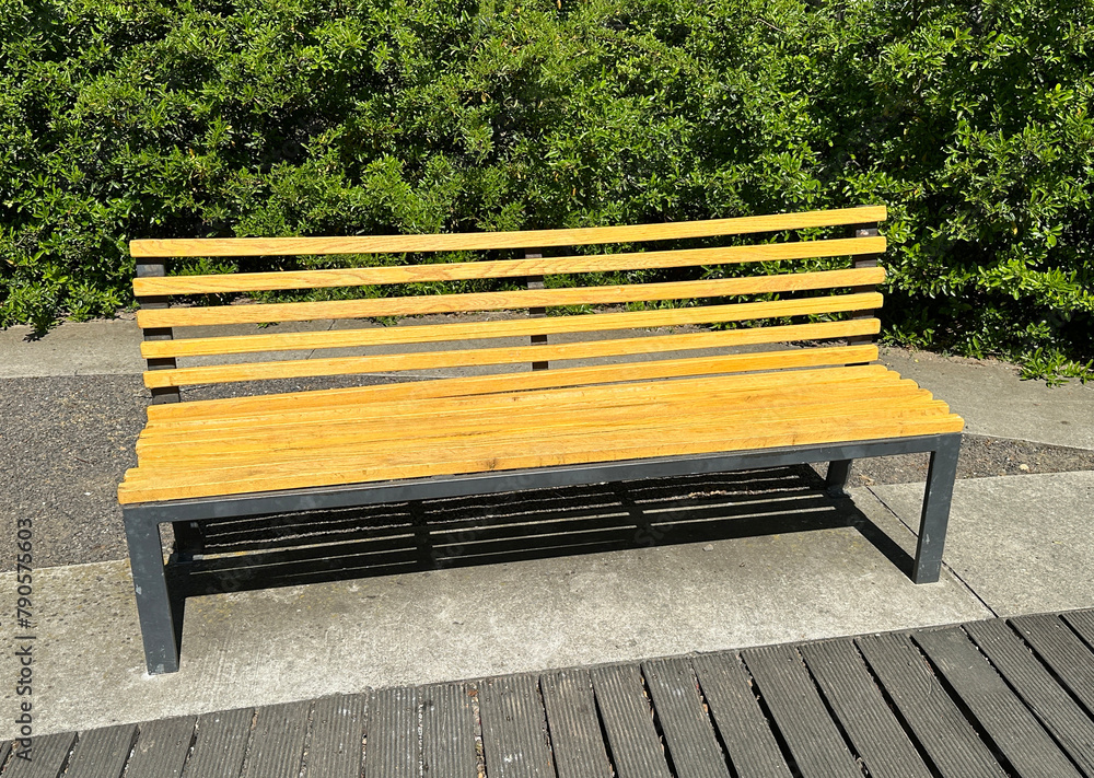 Wooden park bench in front of the bush Wooden park bench in front of the bush
