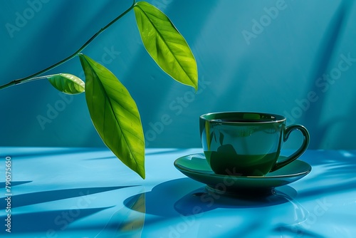 Dark green espresso cup on a blue background. Modern conceptual art. Dark green reflecting coffee espresso cup with leaves on a blue background. Modern conceptual art. .
