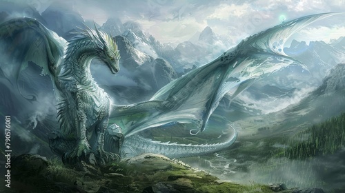 A white dragon is perched on a rocky mountain top, with a knight standing nearby © OZTOCOOL