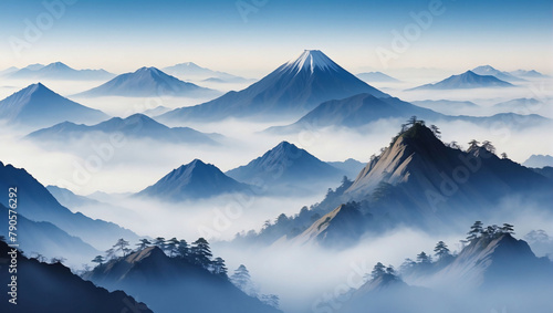 Minimalistic Japanese-style mountain background in shades of blue, with fog veiling the serene landscape, offering variations in color.