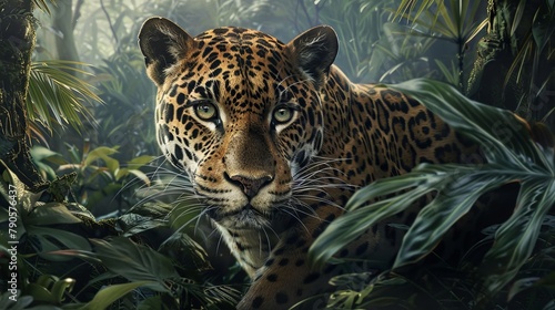 A leopard is standing on a tree branch in a jungle