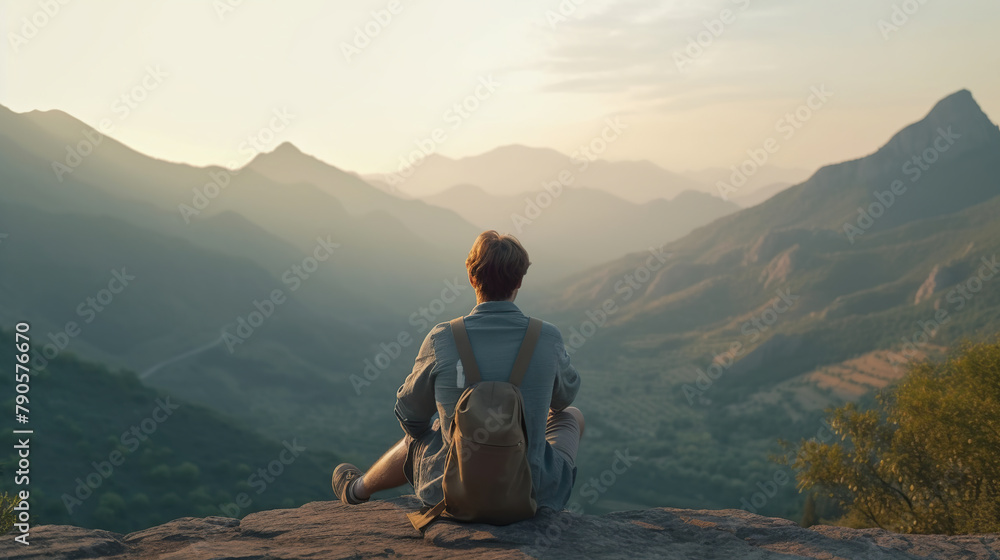 Male traveler sitting in summer mountains at sunset . Person Overlooking Mountain View