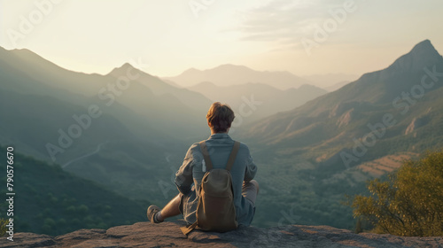 Male traveler sitting in summer mountains at sunset . Person Overlooking Mountain View