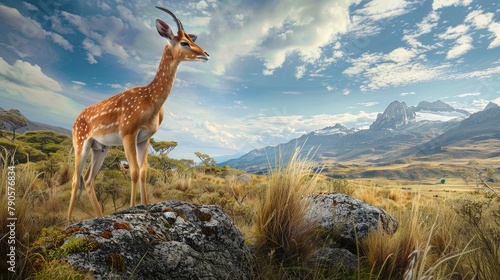 A deer stands on a rock in a grassy field