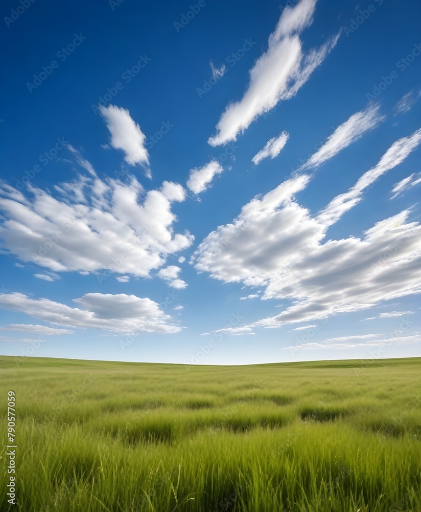 Obraz premium A wide open grassy field with a blue sky and wispy clouds above