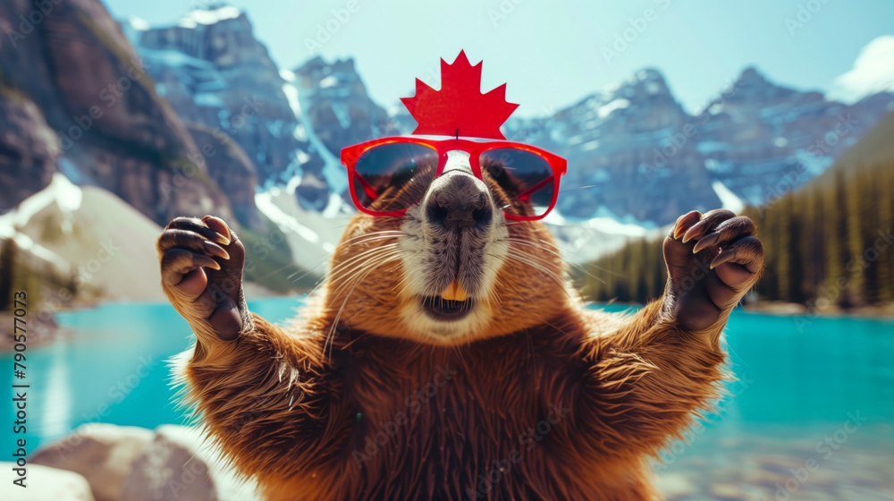 Joyful Canadian beaver with maple leaf glasses at a mountain lake for Canada Day - obrazy, fototapety, plakaty 