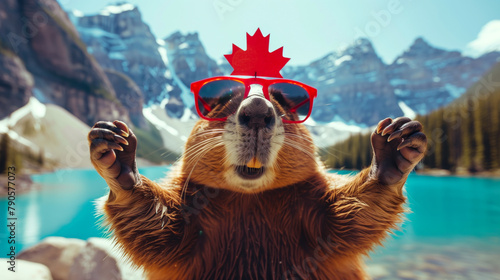 Joyful Canadian beaver with maple leaf glasses at a mountain lake for Canada Day photo