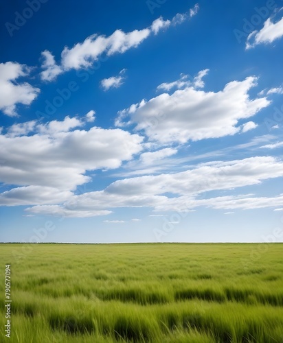  A wide open grassy field with a blue sky and wispy clouds above
