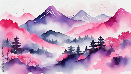Minimalistic mountain landscape with watercolor brush in Japanese traditional style. Wallpaper with abstract art in vibrant shades of pink and purple. © xKas