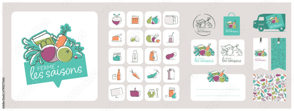 éléments graphiques pour épicerie, vente de fruits et légumes en direct, à la ferme, circuit court, local, marché, camion, locavore, maraîcher, charte graphique, logotype, identité visuelle, étiquette éléments graphiques pour épicerie, vente de fruits et légumes en direct, à la ferme, circuit court, local, marché, camion, locavore, maraîcher, charte graphique, logotype, identité visuelle, étiquette