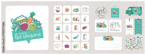 éléments graphiques pour épicerie, vente de fruits et légumes en direct, à la ferme, circuit court, local, marché, camion, locavore, maraîcher, charte graphique, logotype, identité visuelle, étiquette