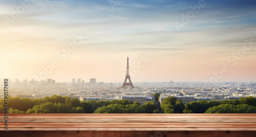 Empty wooden table top with a blurred Paris cityscape © Food gallery