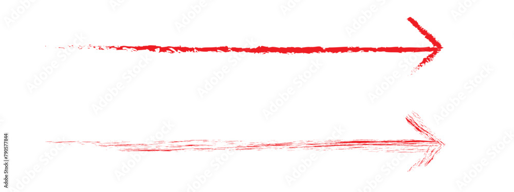 Red hand-drawn brush stroke arrow on a white background. Red hand-drawn brush stroke arrow on a white background.