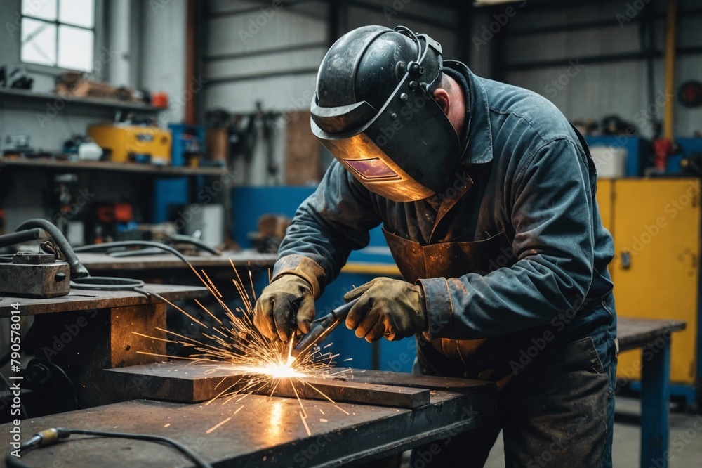 Welder welding a metal in workshop Welder welding a metal in workshop