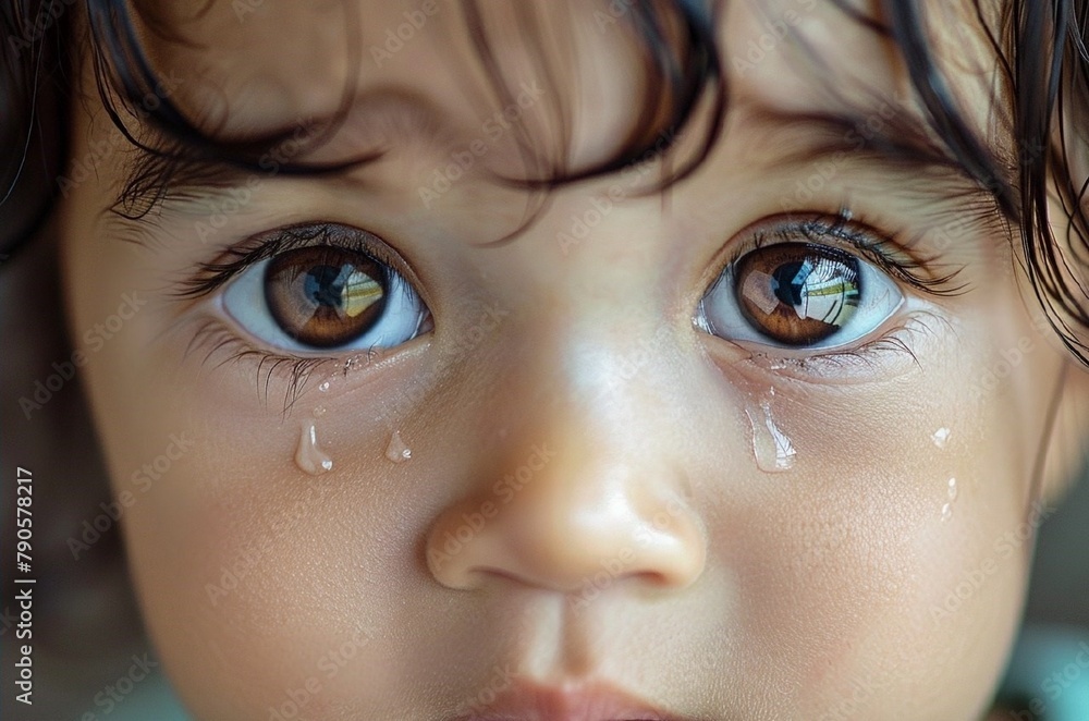 Wide shot of a child's adorable eyes filled with tears. One big tear on my cheek.Emotions