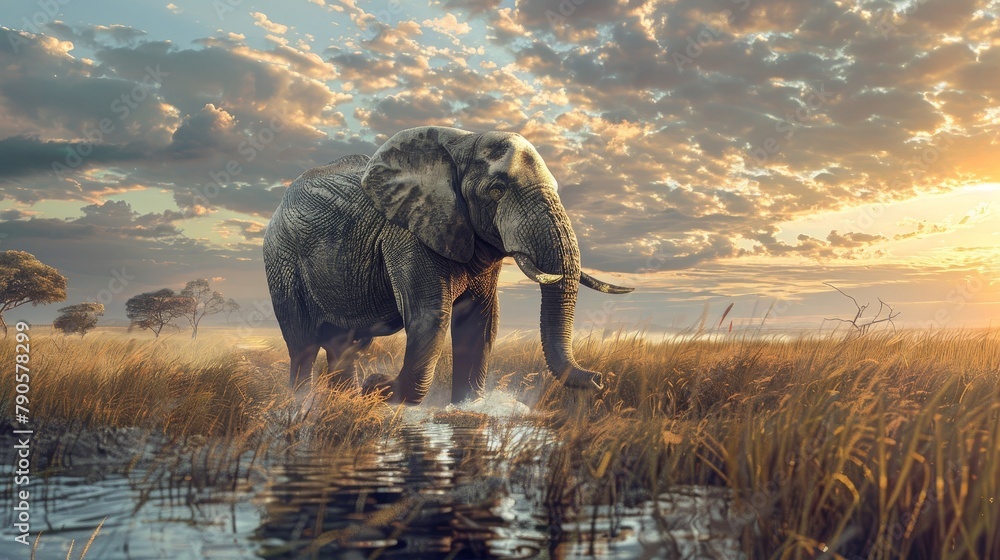 A large elephant is standing in a field of tall grass near a body of water - obrazy, fototapety, plakaty 